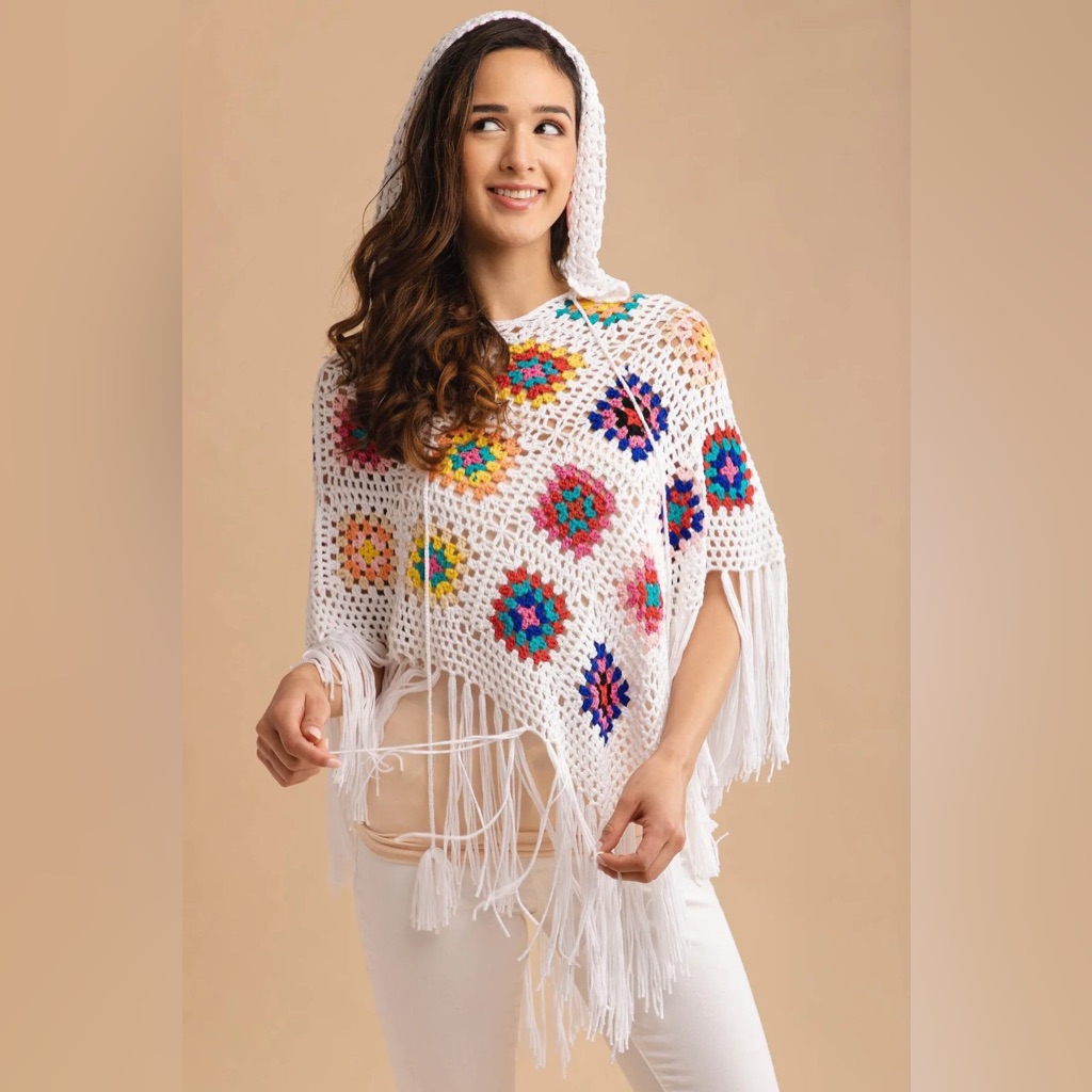 Anthropologie Hooded Saachi White Granny Square Crochet Sweater Poncho Fringe